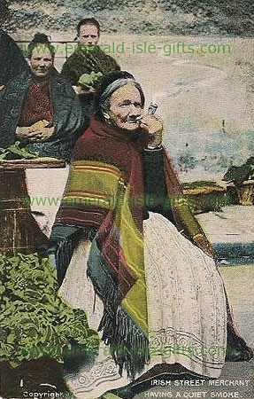 Old Irish Street Merchant Lady smoking a pipe