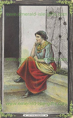 Old print of an Irish Colleen in deep thought