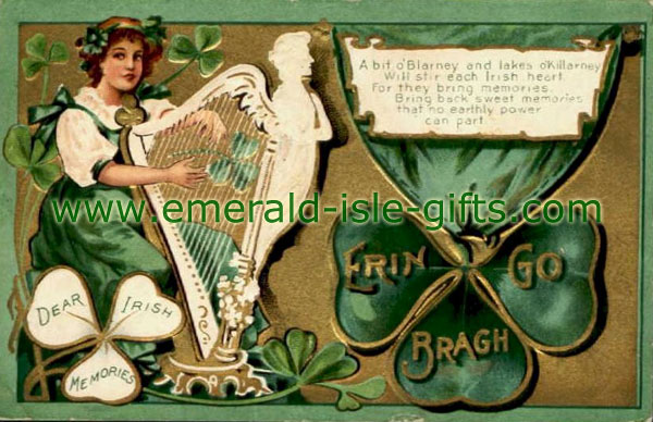 Irish Girl playing Harp - old nostalgic Irish print