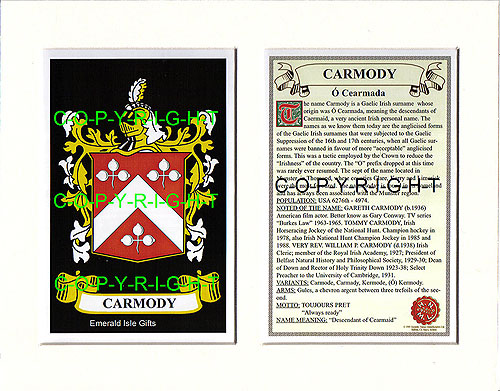 Carmody Family Crest and Name History