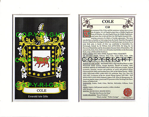 Cole Family Crest and Name History