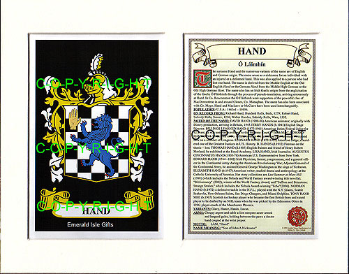 Hand Family Crest and Name History