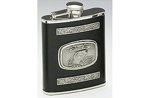 Fish Black Leather Bound Whiskey Flask