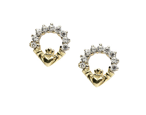 10K Gold CZ Claddagh Design Stud Earrings