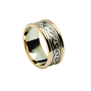 Superb 10kt White Gold Celtic Knot raised pattern narrow band Ring, with light yellow gold rims. Universal sizes, suit ladies & gents