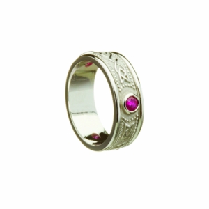 Ladies Celtic Shield pattern Wedding Ring with three .10ct rubies