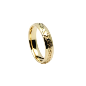 14kt Ladies & Gents Celtic Claddagh pattern narrow band, yellow gold Ring