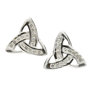 CZ Set Silver Shiny Trinity Knot Stud Earrings