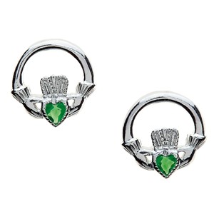 Green Stone Set Claddagh Stud Earrings