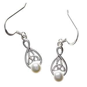 Trinity Knot Drops w/ White Pearl Drop Silver Earrings