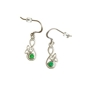 Silver Trinity Knot & Green CZ Drop Earrings