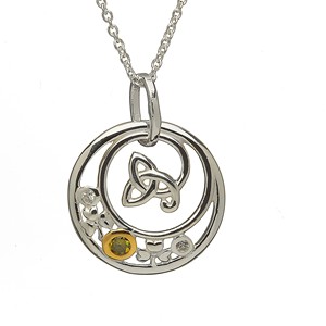 Circle Trinity Knot Silver & Olive CZ Pendant