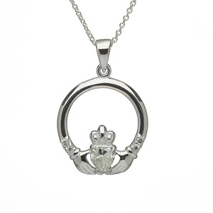 Diamond style April Claddagh Birthstone Silver Pendant