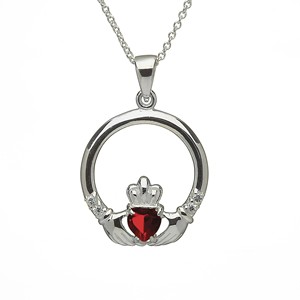 Ruby - July Claddagh Birthstone Silver Pendant