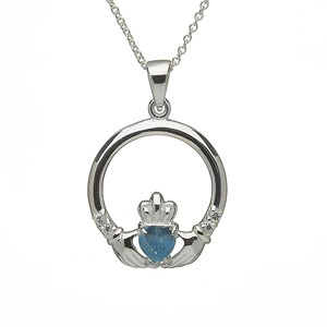 Aquamarine March Claddagh Birthstone Pendant