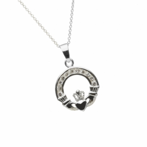 CZ Set Irish Silver Claddagh Pendant